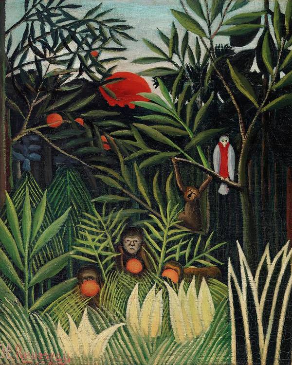 Monkeys and Parrot in the Virgin Forest - Art Print