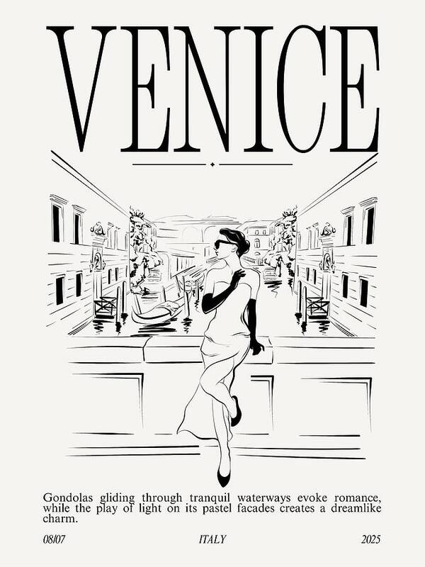 black and white typography of Venice, illustration of a lady in a bridge