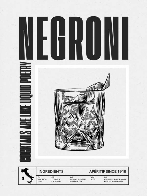 Black and White Modern Negroni Cocktail - Art Print