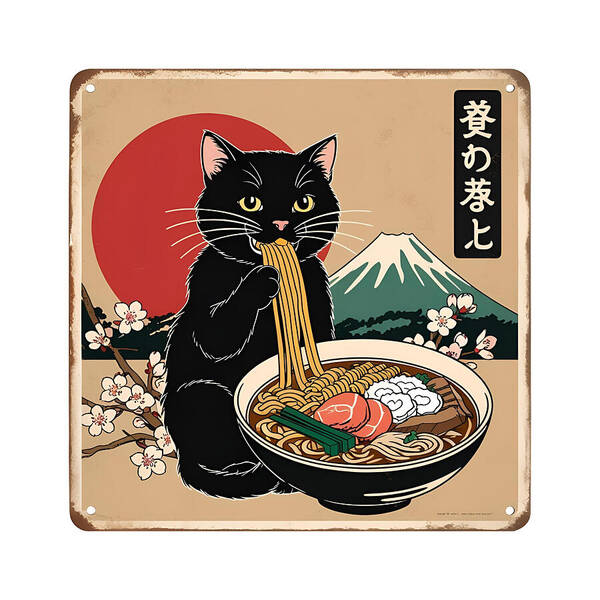 Black Cat Eating Ramen - Art Print