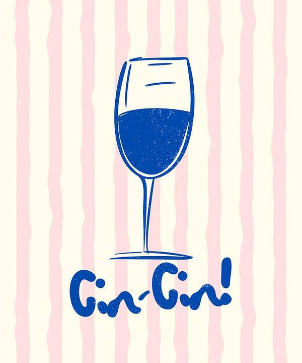 Blue Wine Glass on Striped Background - Art Print