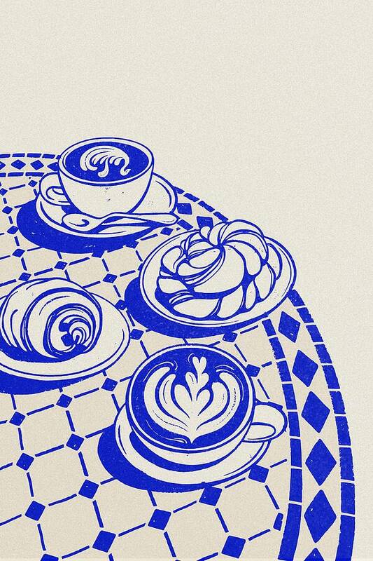 Cappuccinos and Pastries on Blue Table - Art Print