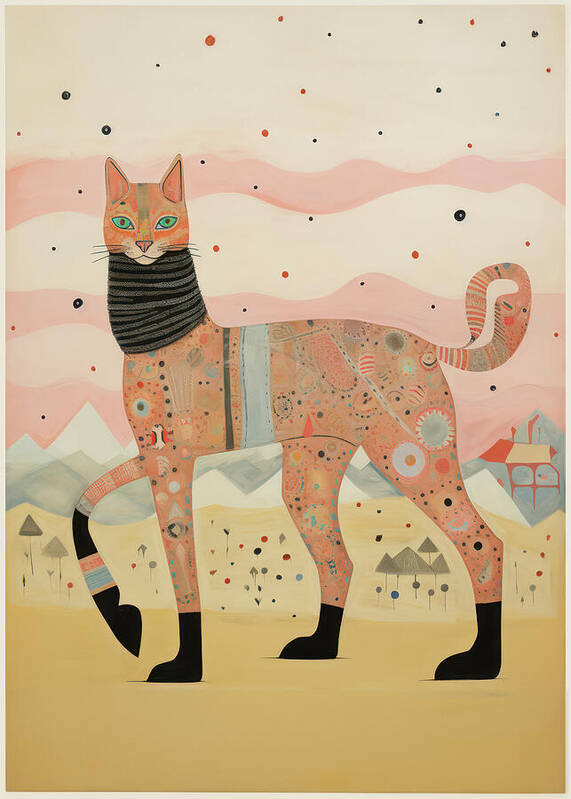 Colorful cat figure walking against a scenic backdrop with mountains and whimsical shapes - Art Print