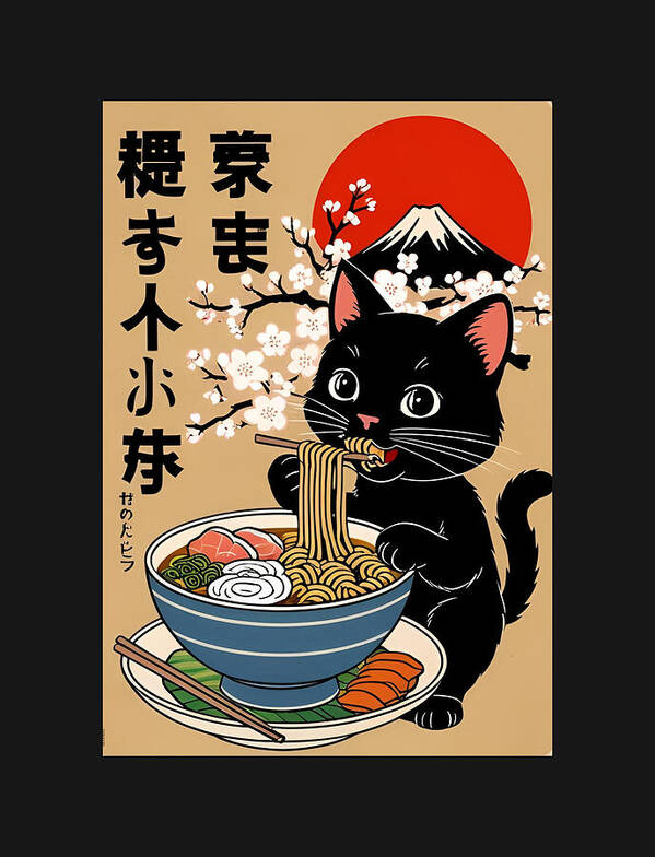 Cute Japanese Kitty Eating Ramen - Art Print