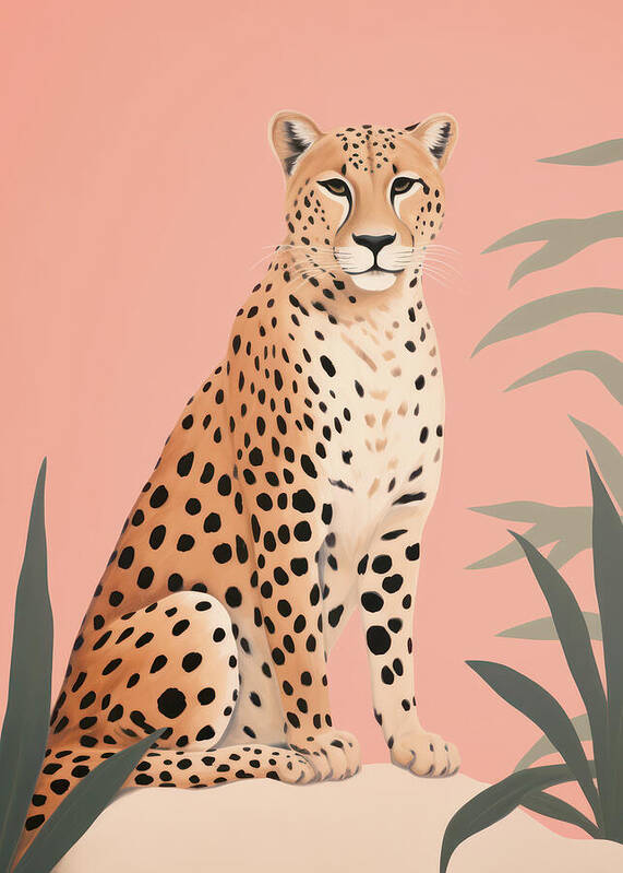 Elegant cheetah portrait against a soft pink background with tropical foliage - Art Print