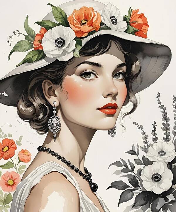 Elegant Vintage Woman in Floral Hat, Retro Black and White Portrait with Color Accents - Art Print
