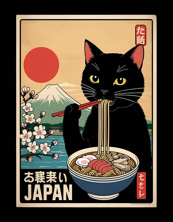 Japanese Cat Eating Ramen - Art Print