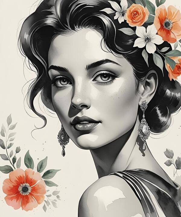 Romantic Black and White Portrait of Italian Woman with Flowers - Art Print
