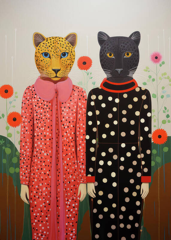 Stylish figures with leopard and panther masks pose in a colorful floral setting during a modern art - Art Print