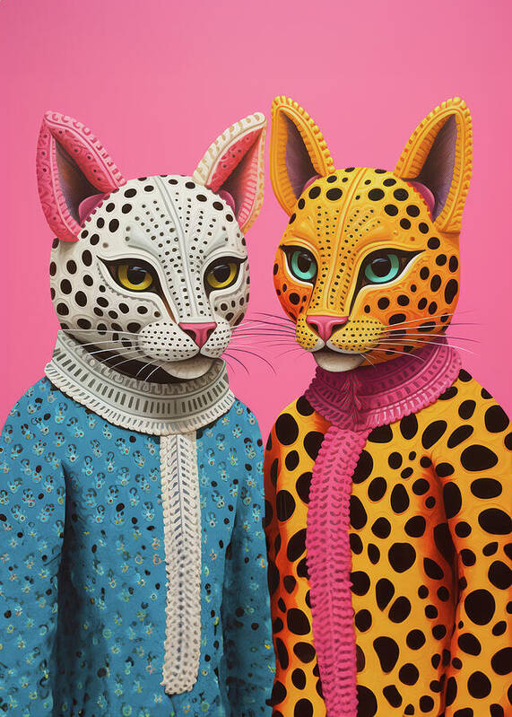 Unique art featuring people in imaginative animal masks against a vibrant pink background - Art Print