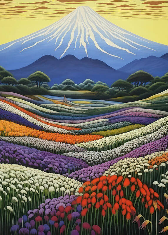 Vibrant flower fields with Mount Fuji in the background during sunset in Japan - Art Print