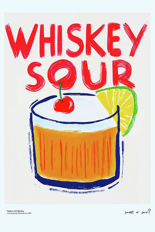 Whiskey sour text with a cocktail glass illustration art print