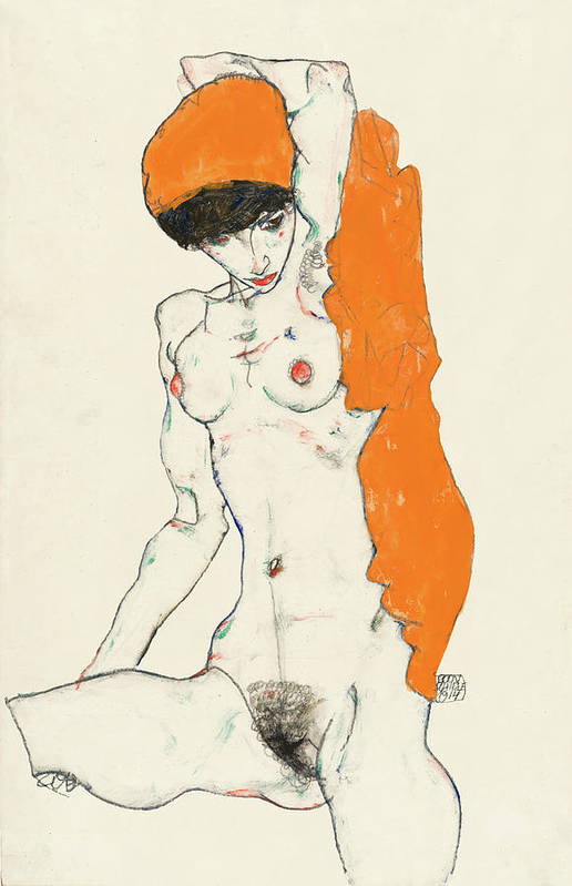Standing Nude with Orange Drapery - 1914 - Art Print