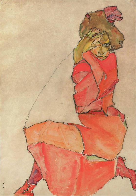 Kneeling Female in Orange-Red Dress - 1910 - Art Print