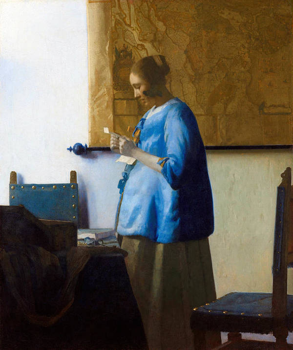 Woman in Blue Reading a Letter - Art Print