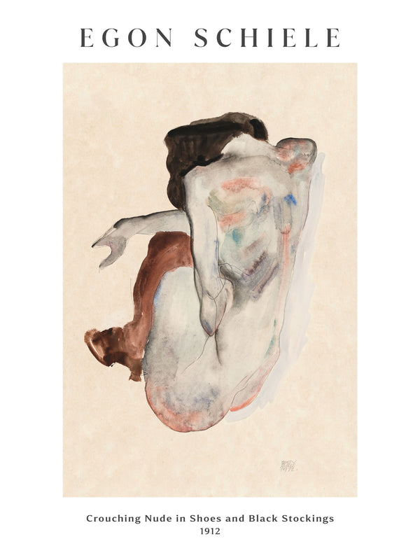 Egon Schiele - Crouching Nude in Shoes and Black Stockings, Back View - Poster