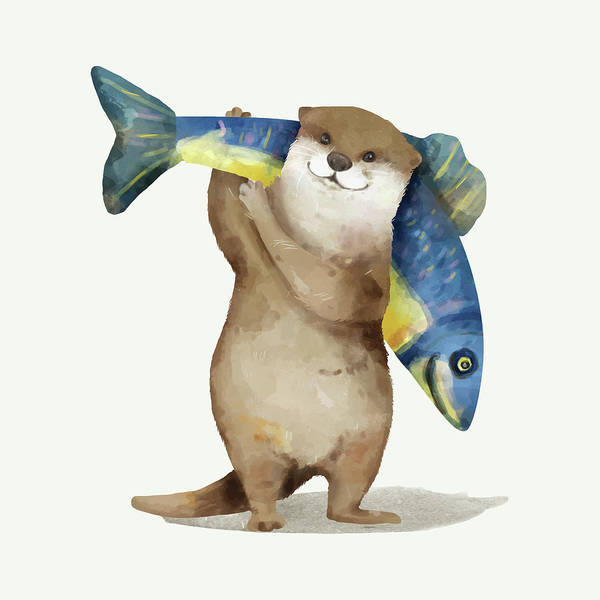 Cute baby beaver with a fish - Art Print