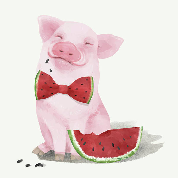 Cute piglet eating watermelon - Art Print