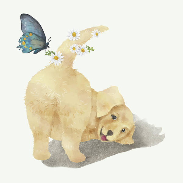 Cute puppy playing with a butterfly - Art Print