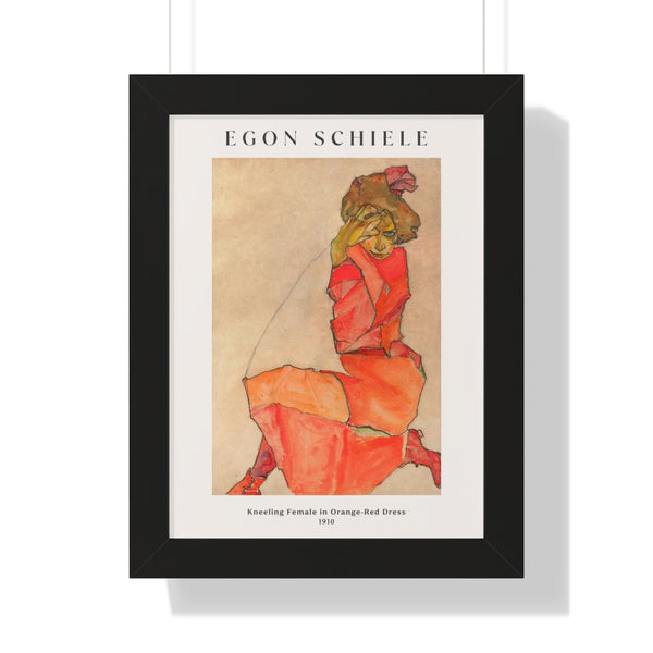 Egon Schiele - Kneeling Female in Orange-Red Dress - Framed Print