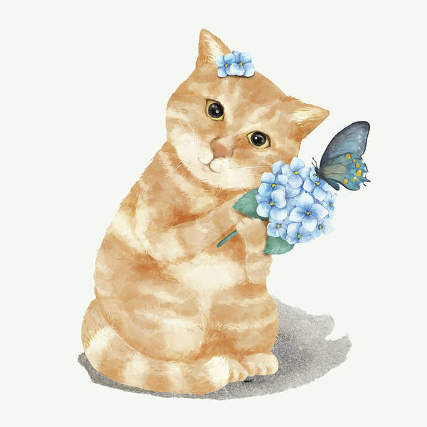 Illustration watercolour of a kitten with little blue flowers - Art Print