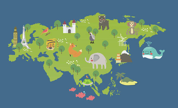 Map with animals illustration for kids - Art Print