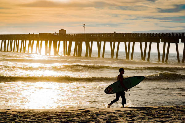 Surfer at beach in Miami during sunset - Art Print