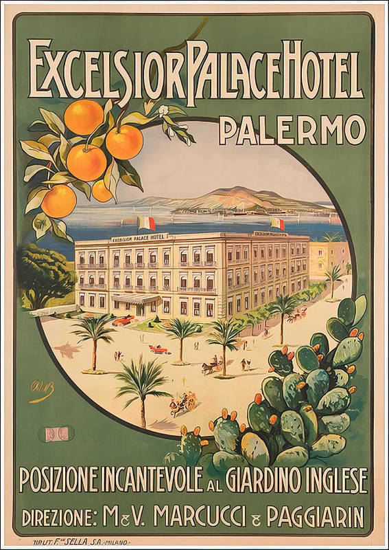 Vintage Excelsior Palace Hotel in Palermo Sicily Italy 1920s - Art Print